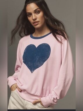 Anthropologie Letluv Pink Ringer Sweatshirt with Navy Heart nwt oversized small
